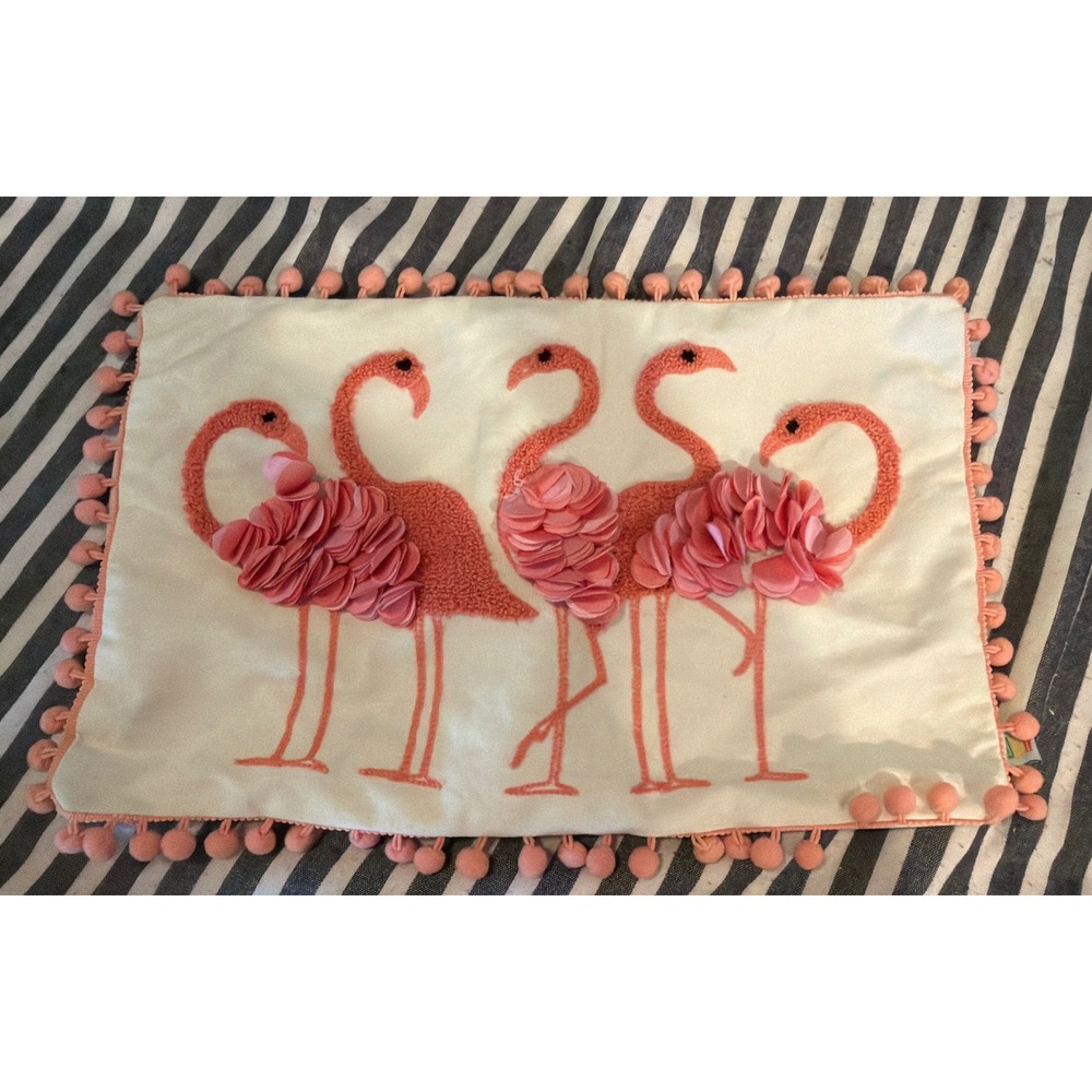 DEI Pink Flamingo 3D Petal Pom Pom Trim Embroidered Pillow Cover 12x17 Ivory